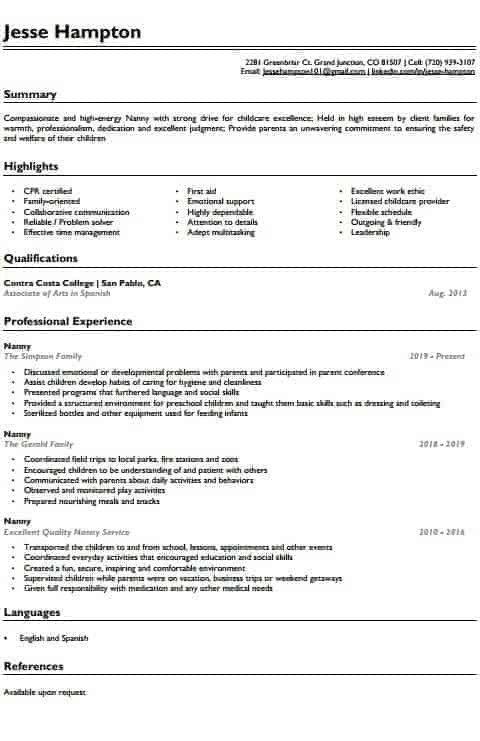 nanny resume examples